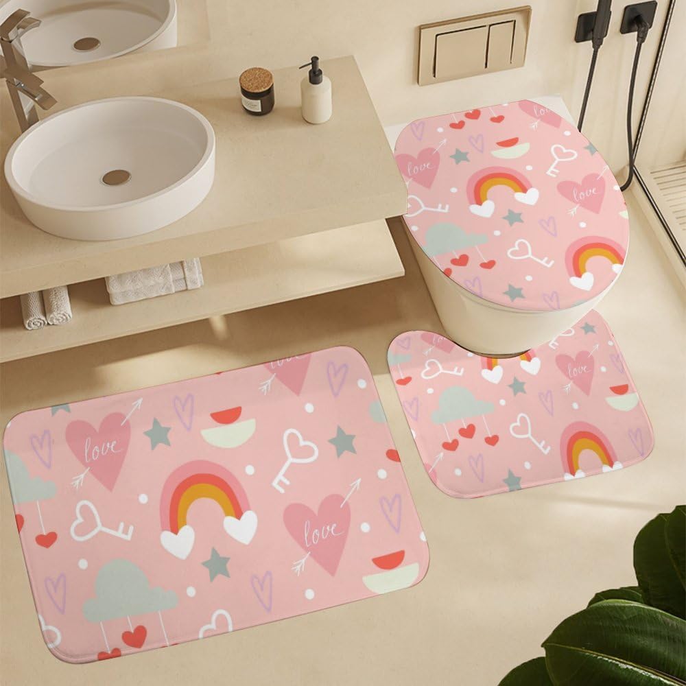 Kuizee 4-Piece Shower Curtain Set with Rugs - Happy Valentine Pink