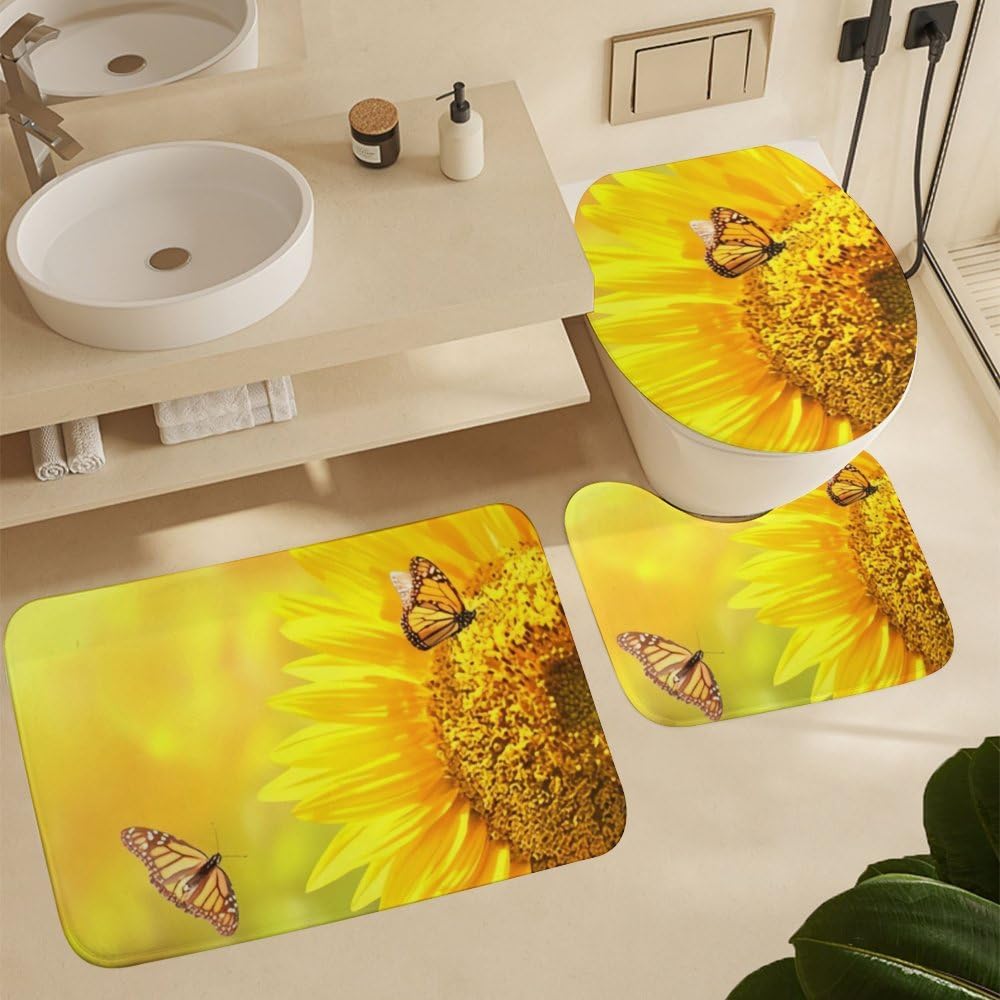 Kuizee 4 Piece Shower Curtain Set with Rugs Sunflower Monarch Butterflies