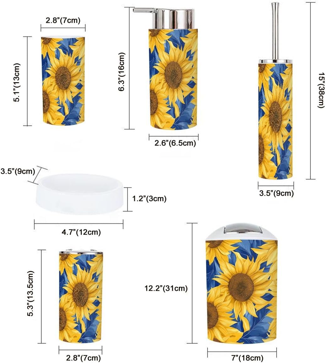 Bathroom Accessories Set 6 Pcs with Sunflowers Pattern