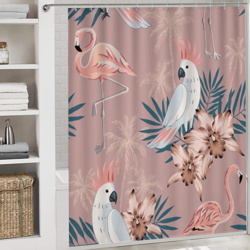 Kuizee Tropical Pink Flamingo Shower Curtain Set with Rugs 4 Pieces