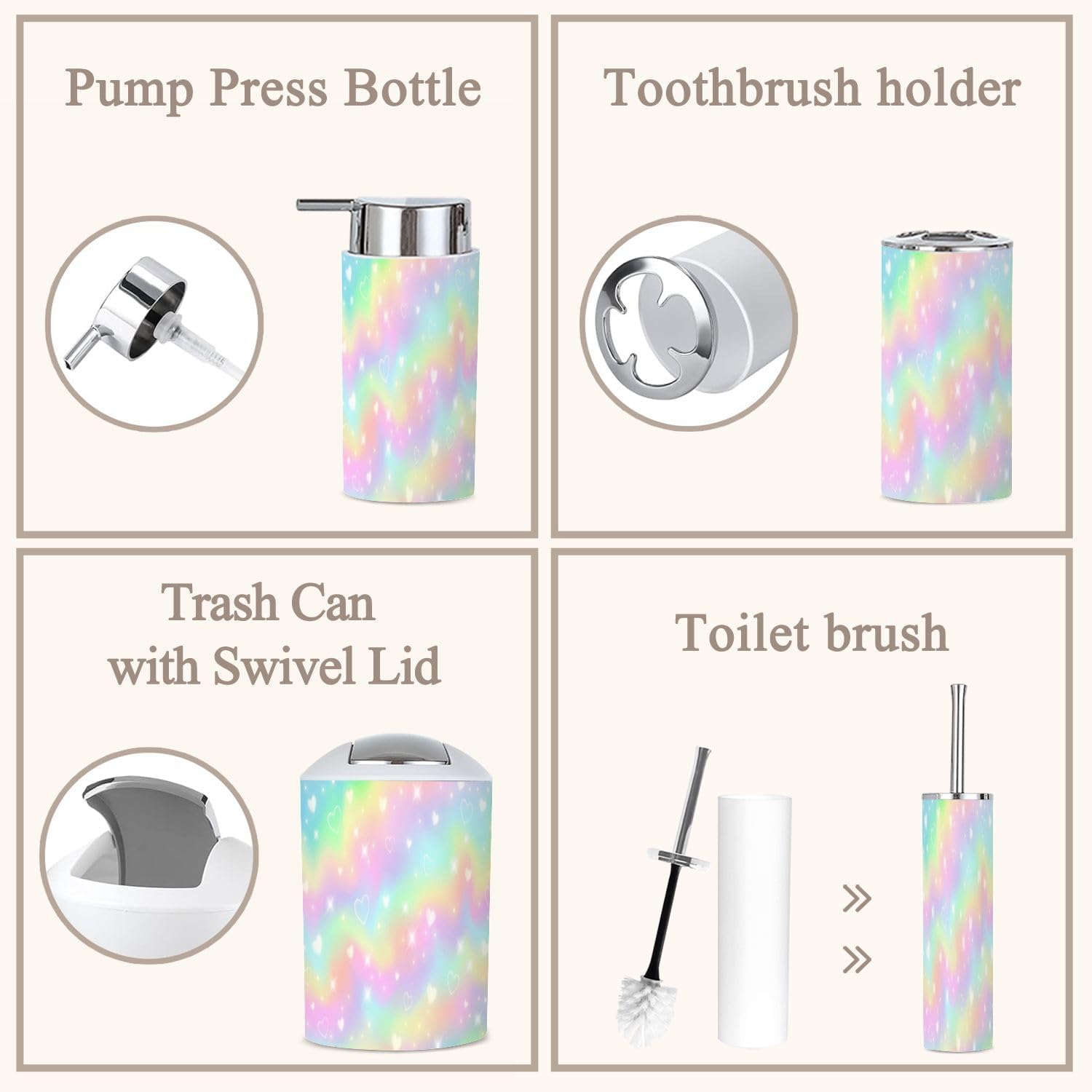 Rainbow Girlie Bathroom Accessories Set 6 Piece