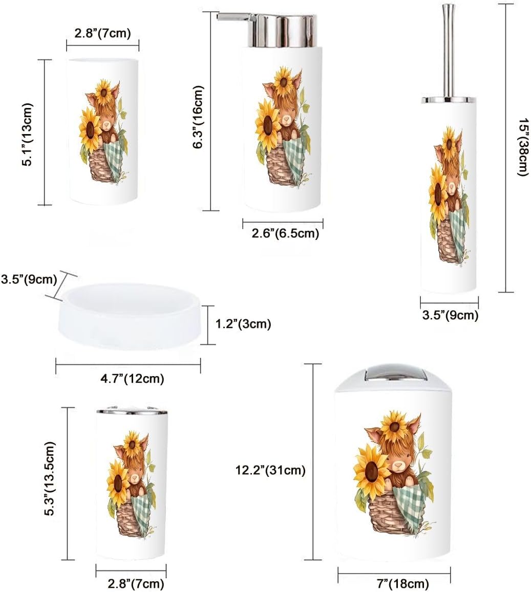 6-Piece Bathroom Accessories Set with Baby Highland Cow Design