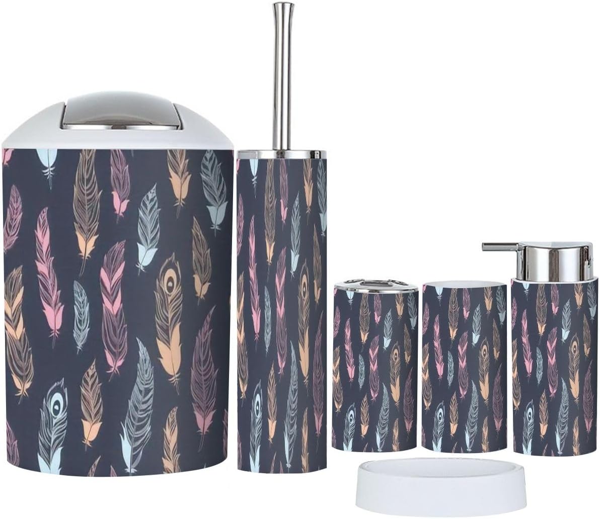 6 Pcs Ethnic Feathers Bathroom Accessories Set