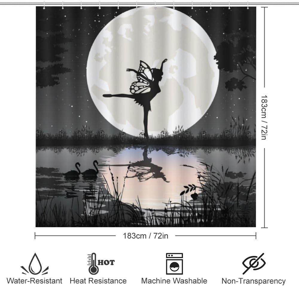 Kuizee 4 Piece Fairy Moon Shower Curtain Set with Non-Slip Rugs