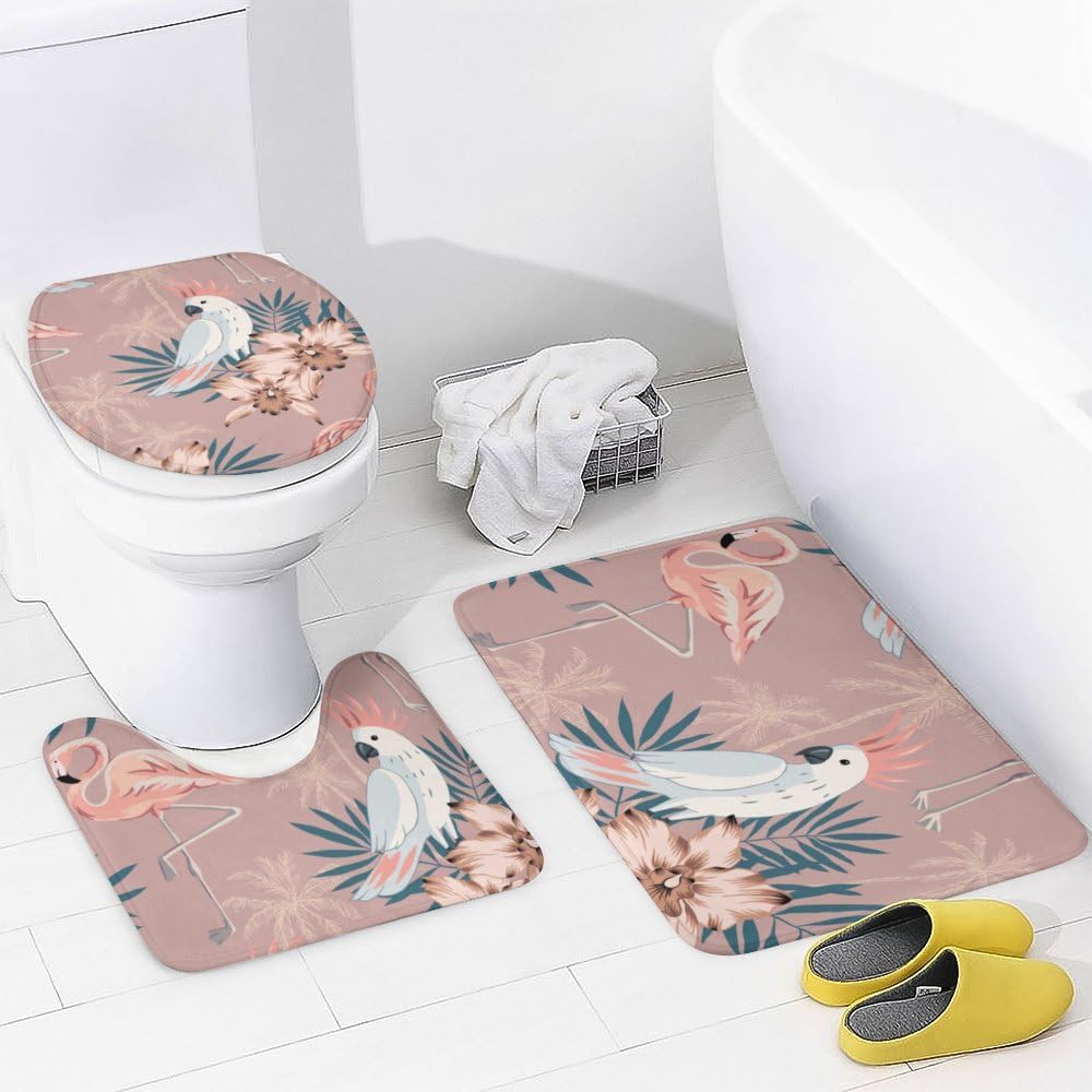 Kuizee Tropical Pink Flamingo Shower Curtain Set with Rugs 4 Pieces