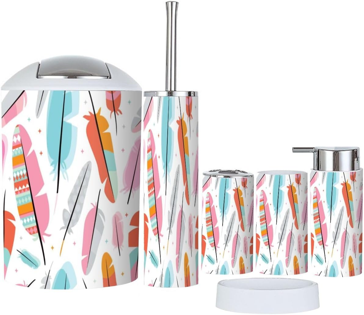 Modern Bathroom Accessories Set 6 Pcs with Feather Aztec Detail