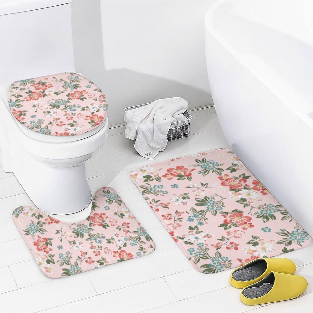 Kuizee 4-Piece Flower Pink Shower Curtain Set with Rugs and 12 Hooks