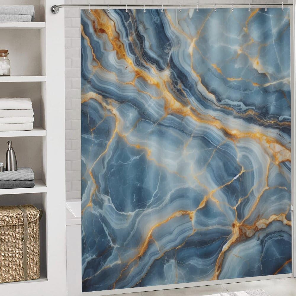 Kuizee 4-Piece Shower Curtain Set with Marble Granite Rugs
