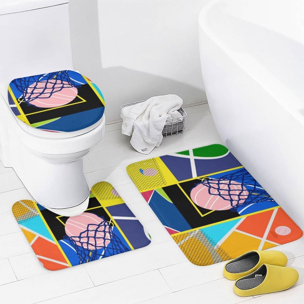 Kuizee 4-Piece Basketball Court Shower Curtain Set with Rugs