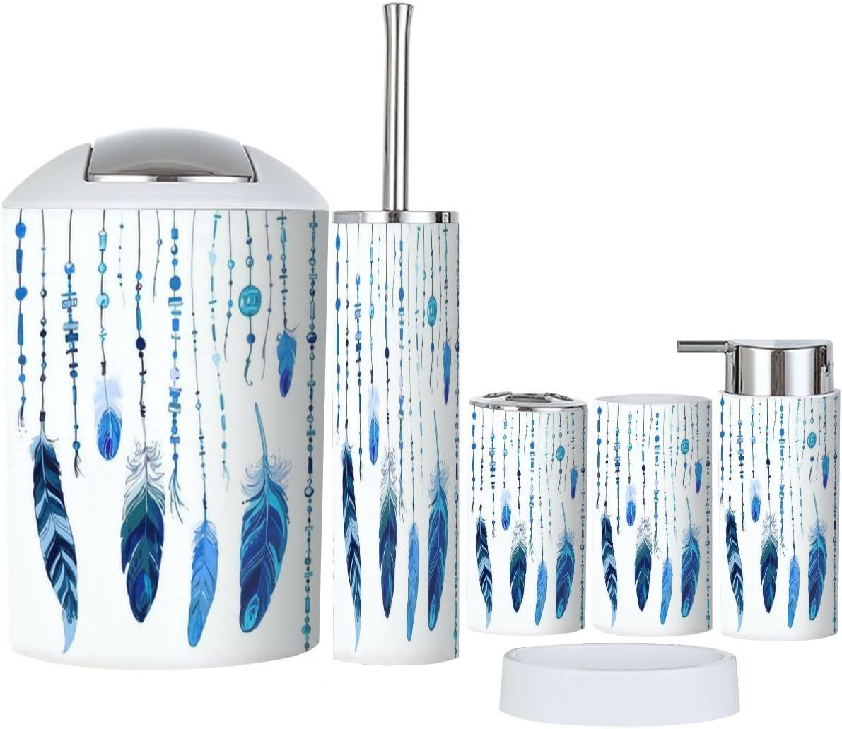 Bathroom Accessories Set 6 Pcs Ethnic Feathers Decor