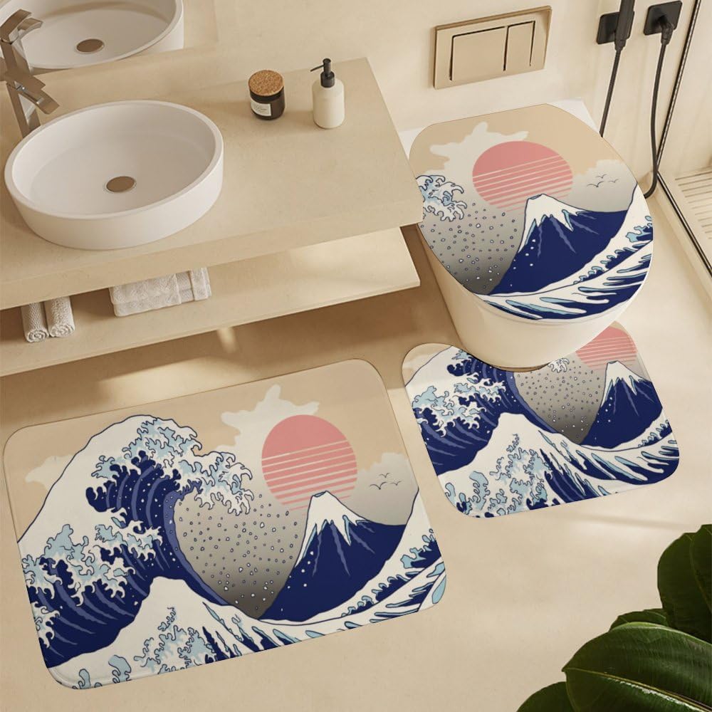 Kuizee 4 Piece Japanese Wave Shower Curtain Set with Non-Slip Mats