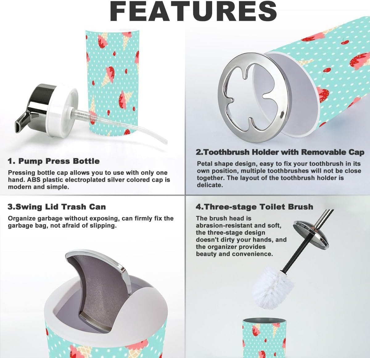 6 Pcs Ice Cream Polka Dots Bathroom Accessories Set
