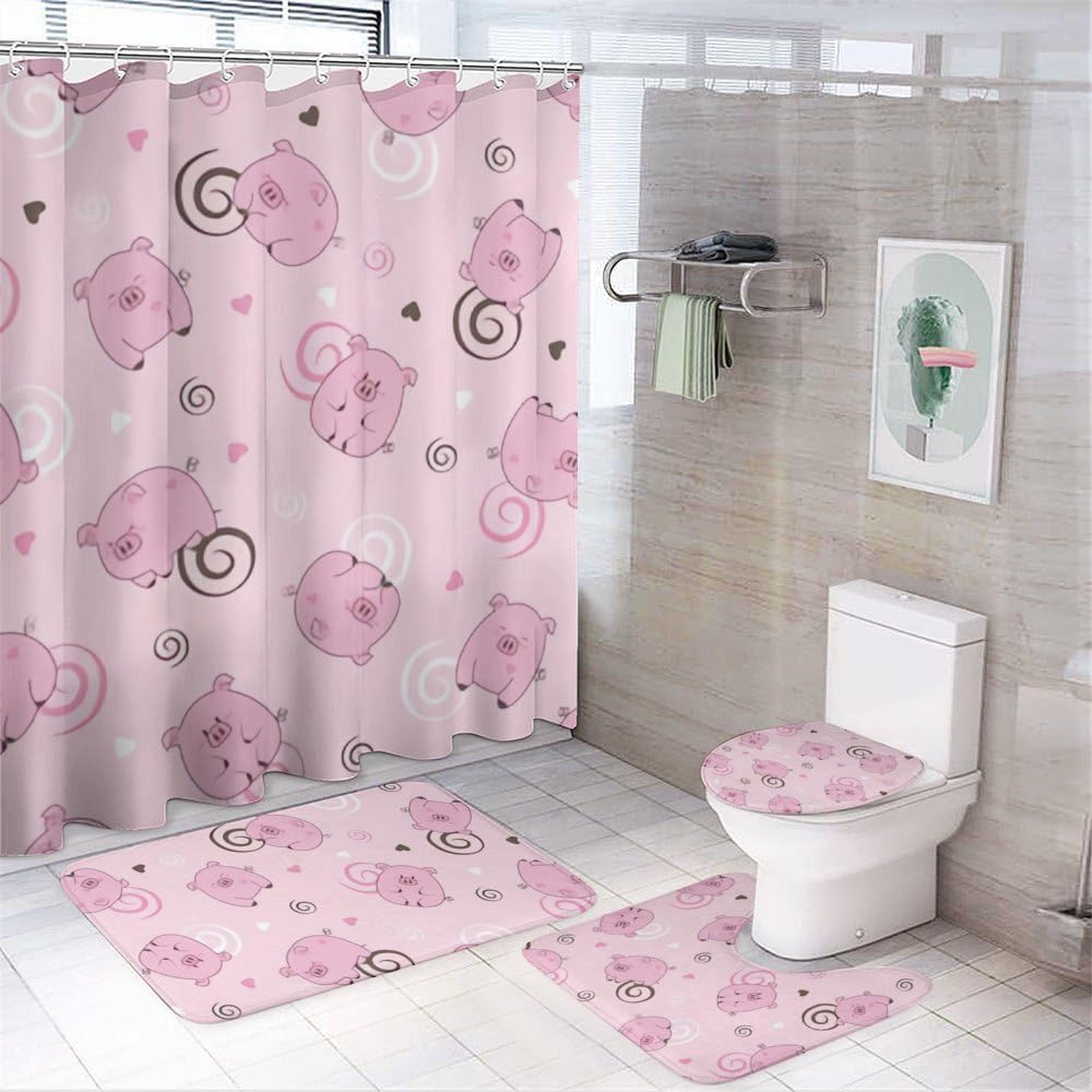 Kuizee 4-Piece Pig Spiral Pink Shower Curtain Set with Non-Slip Rugs