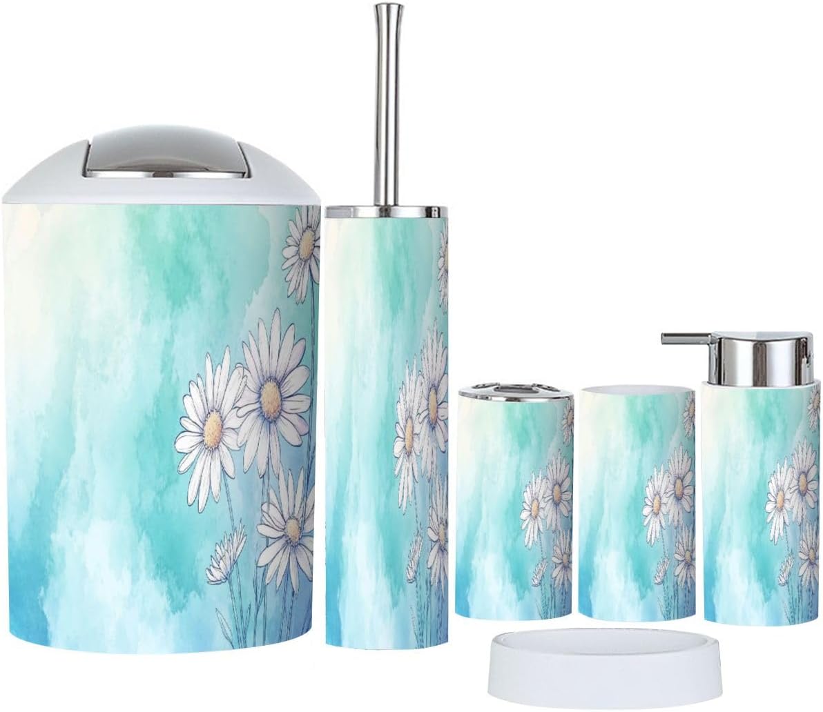 Boho White Daisies Bathroom Accessory Set 6 Piece 1