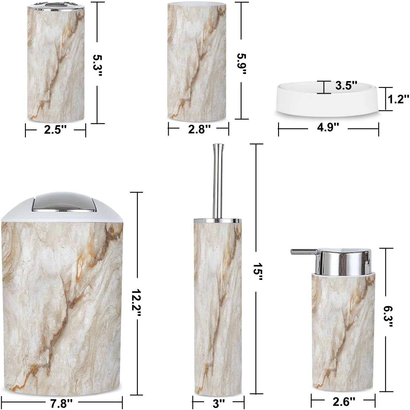 6 Piece Bathroom Accessories Set in Beige Marble