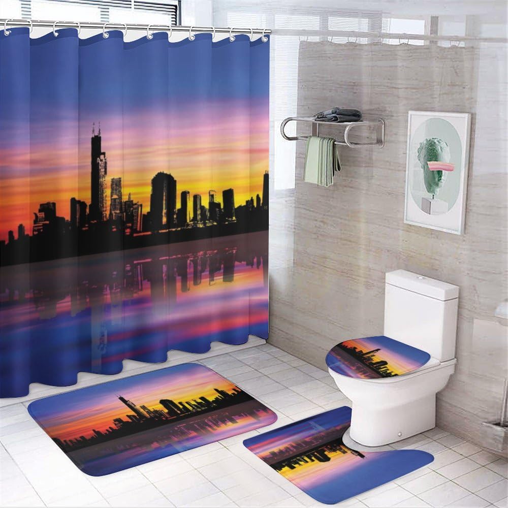 Kuizee 4-Piece Shower Curtain Set with Rugs Modern City Sunset Silhouette