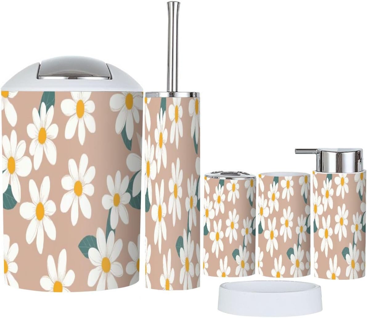 Boho Daisy Trash Can Bathroom Accessories Set 6 Piece