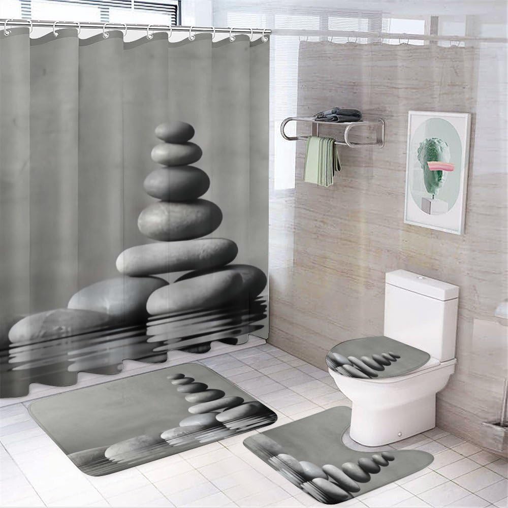 Kuizee 4-Piece Grey Shower Curtain Set with Non-Slip Rugs