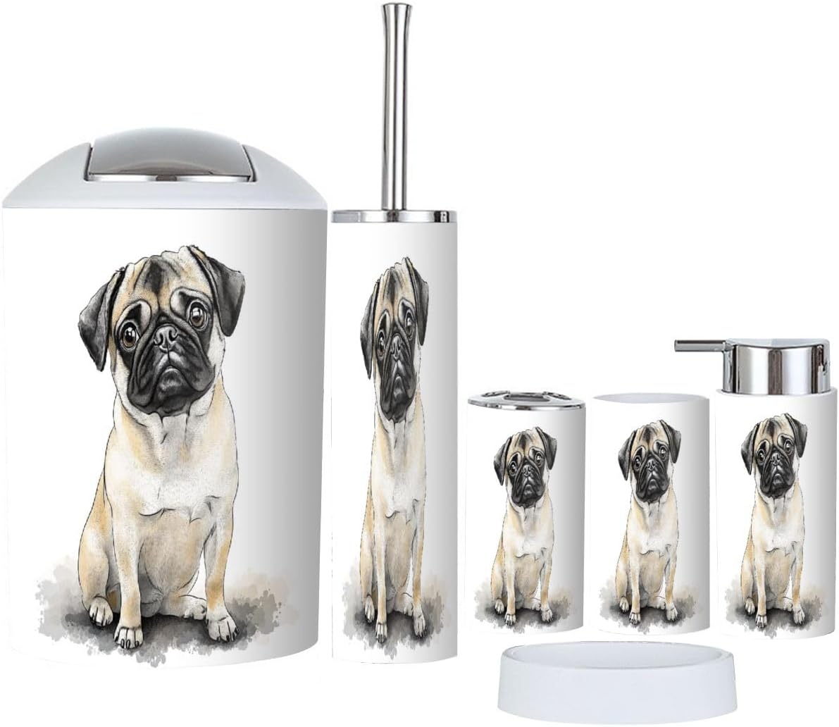 Boho Bathroom Accessory Set 6 Piece with Pug Design