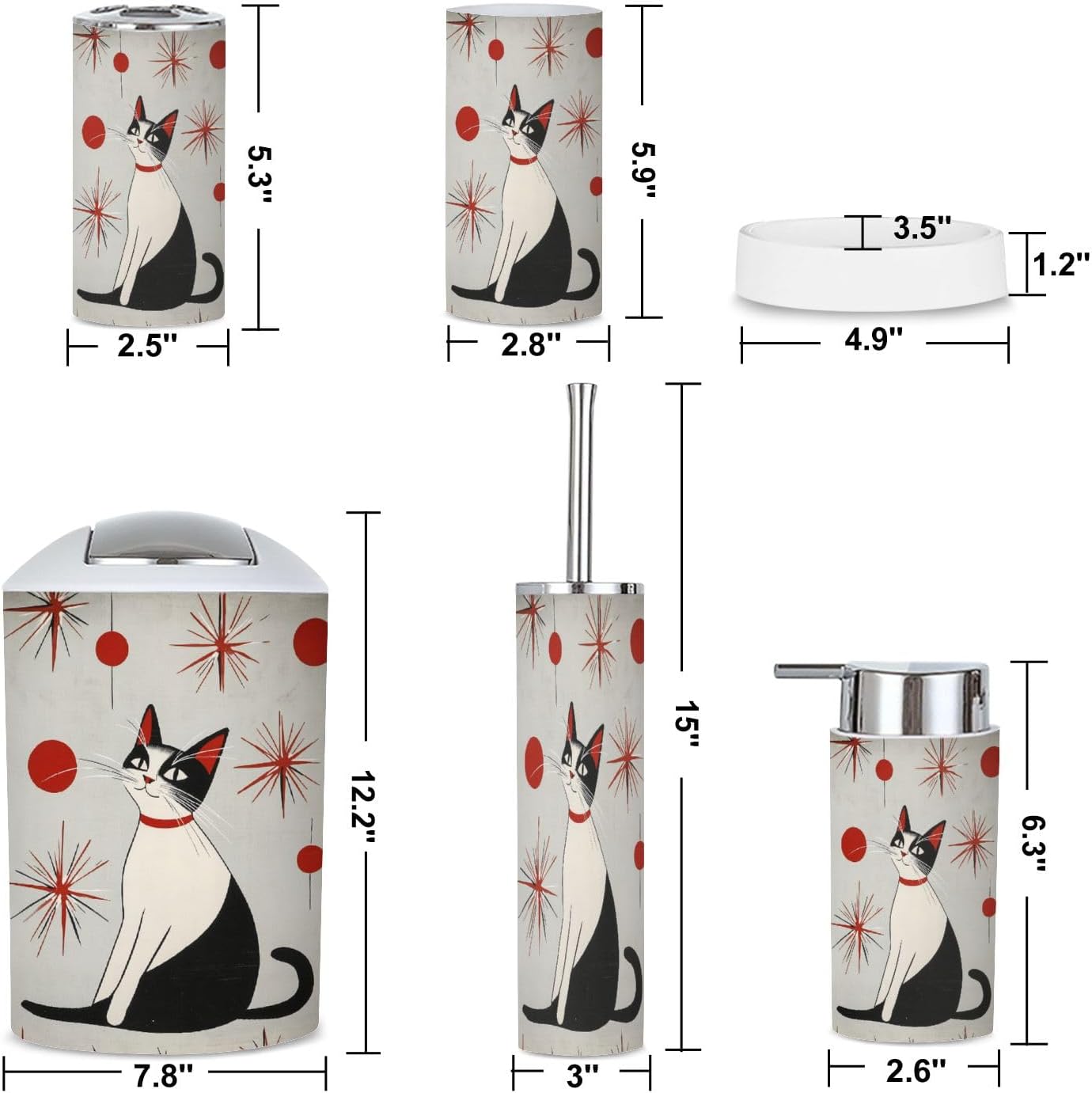 6 Piece Bathroom Accessories Set with Cats Print 1