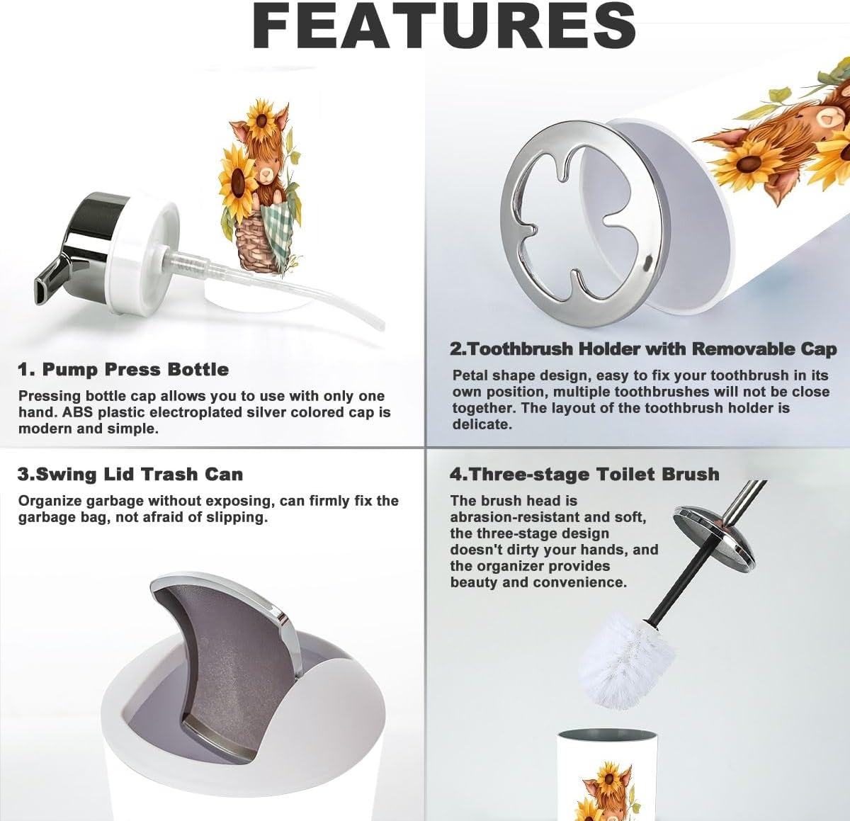 6-Piece Bathroom Accessories Set with Baby Highland Cow Design