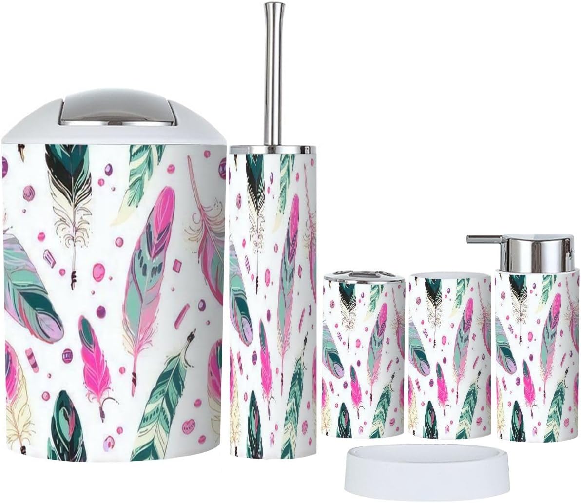 6 Piece Ethnic Bathroom Accessories Set with Feathers Design