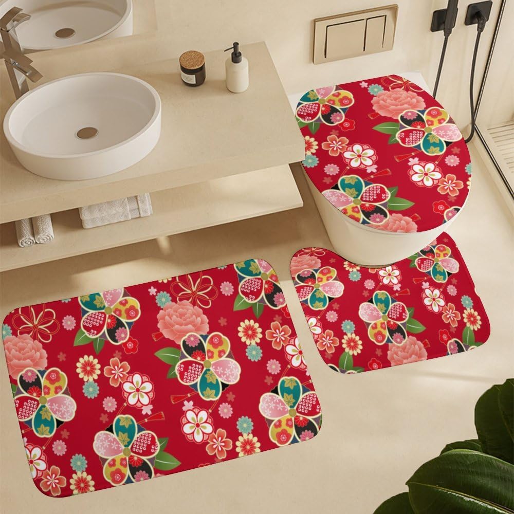 Kuizee Retro Japanese Red Shower Curtain Set with 4 Pieces Non-Slip Rugs