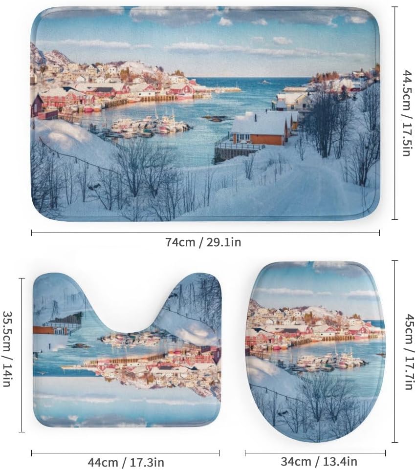 Kuizee 4 Piece Winter Scene Shower Curtain Set with Rugs and 12 Hooks