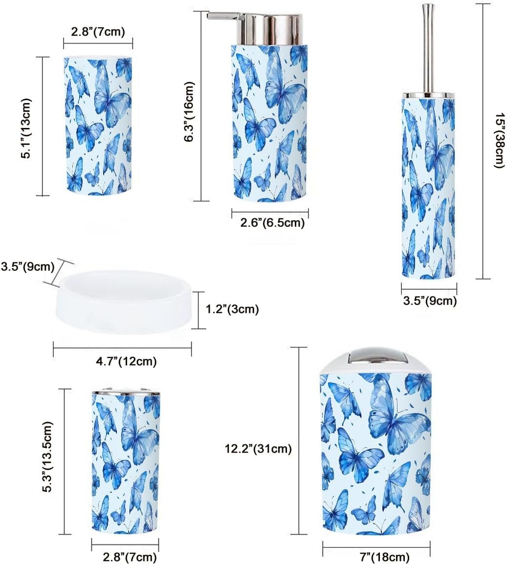 Boho Bathroom Accessory Set 6 Piece Blue Butterfly Design