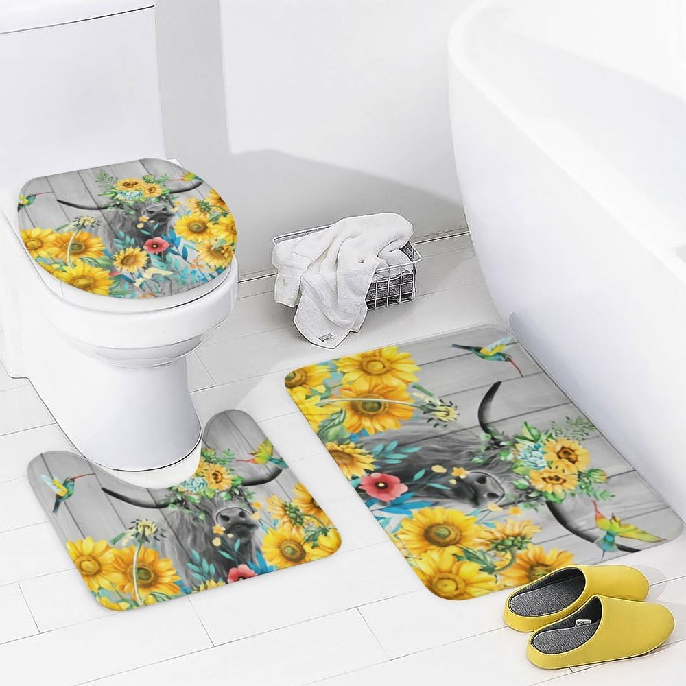 Kuizee 4-Piece Sunflower Bath Set with Shower Curtain and Rugs