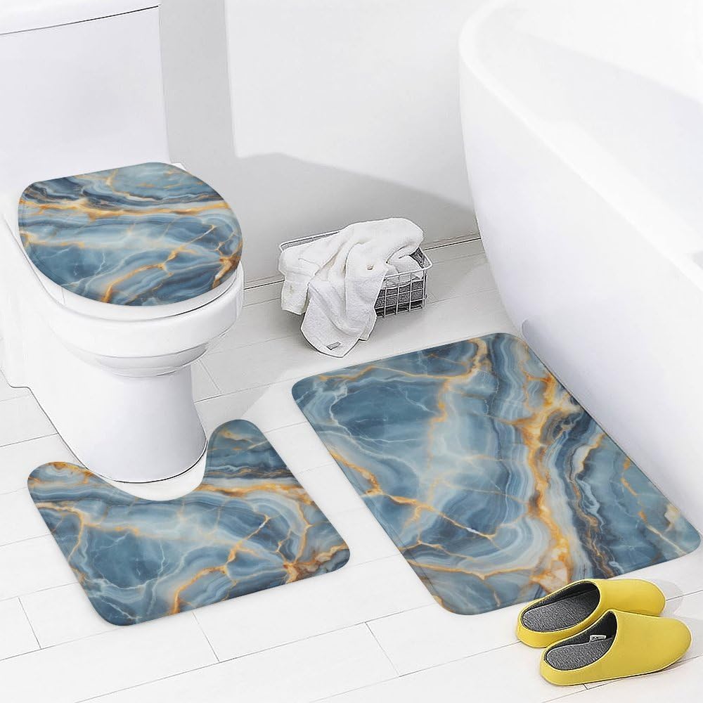 Kuizee 4-Piece Shower Curtain Set with Marble Granite Rugs