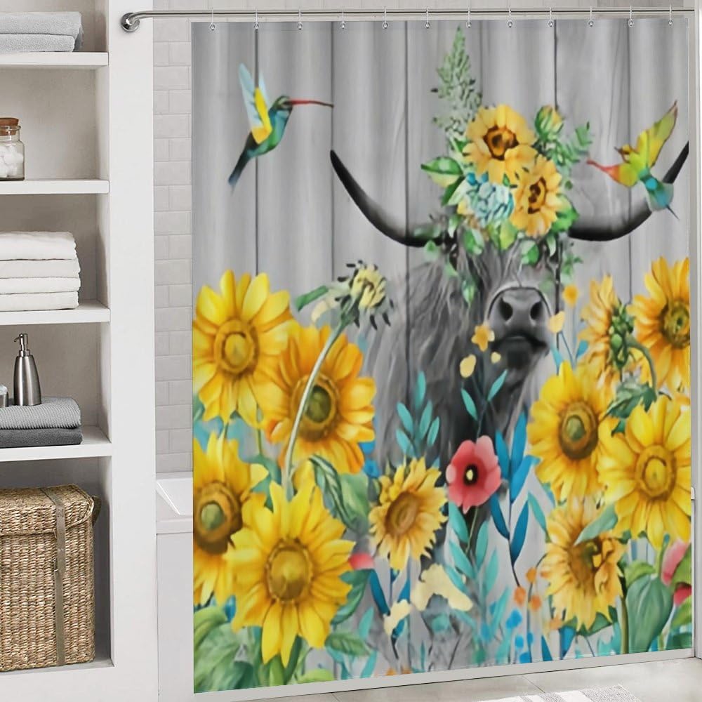 Kuizee 4-Piece Sunflower Bath Set with Shower Curtain and Rugs