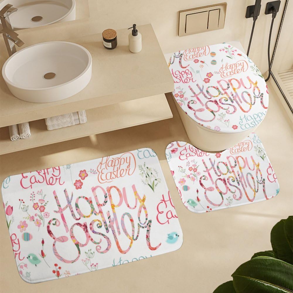 Kuizee 4-Piece Easter Shower Curtain Set with Non-Slip Rugs
