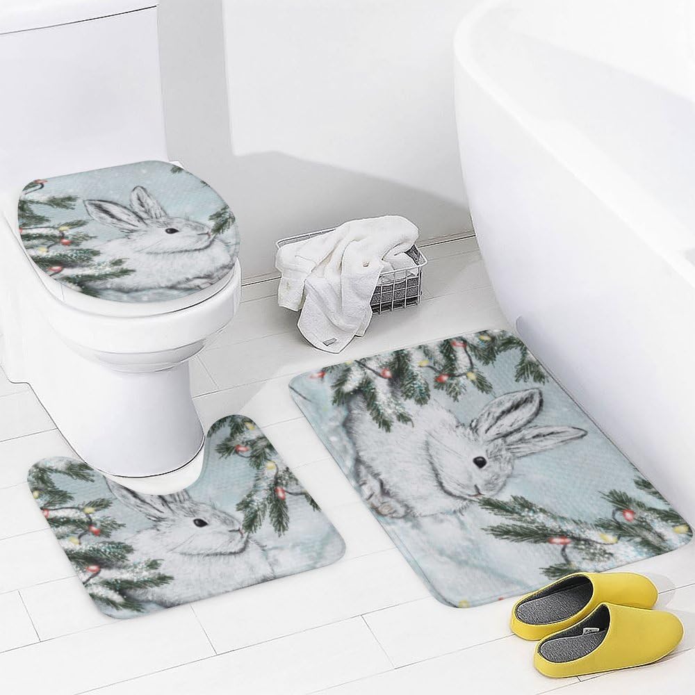Kuizee 4 Piece White Hare Snow Shower Set with Rugs and 12 Hooks