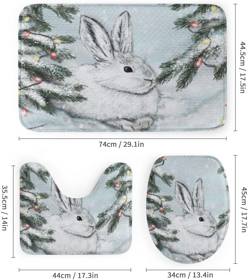 Kuizee 4 Piece White Hare Snow Shower Set with Rugs and 12 Hooks