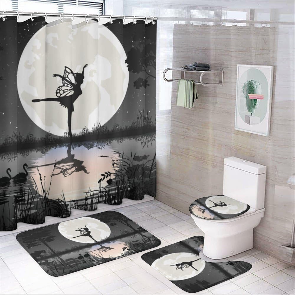 Kuizee 4 Piece Fairy Moon Shower Curtain Set with Non-Slip Rugs