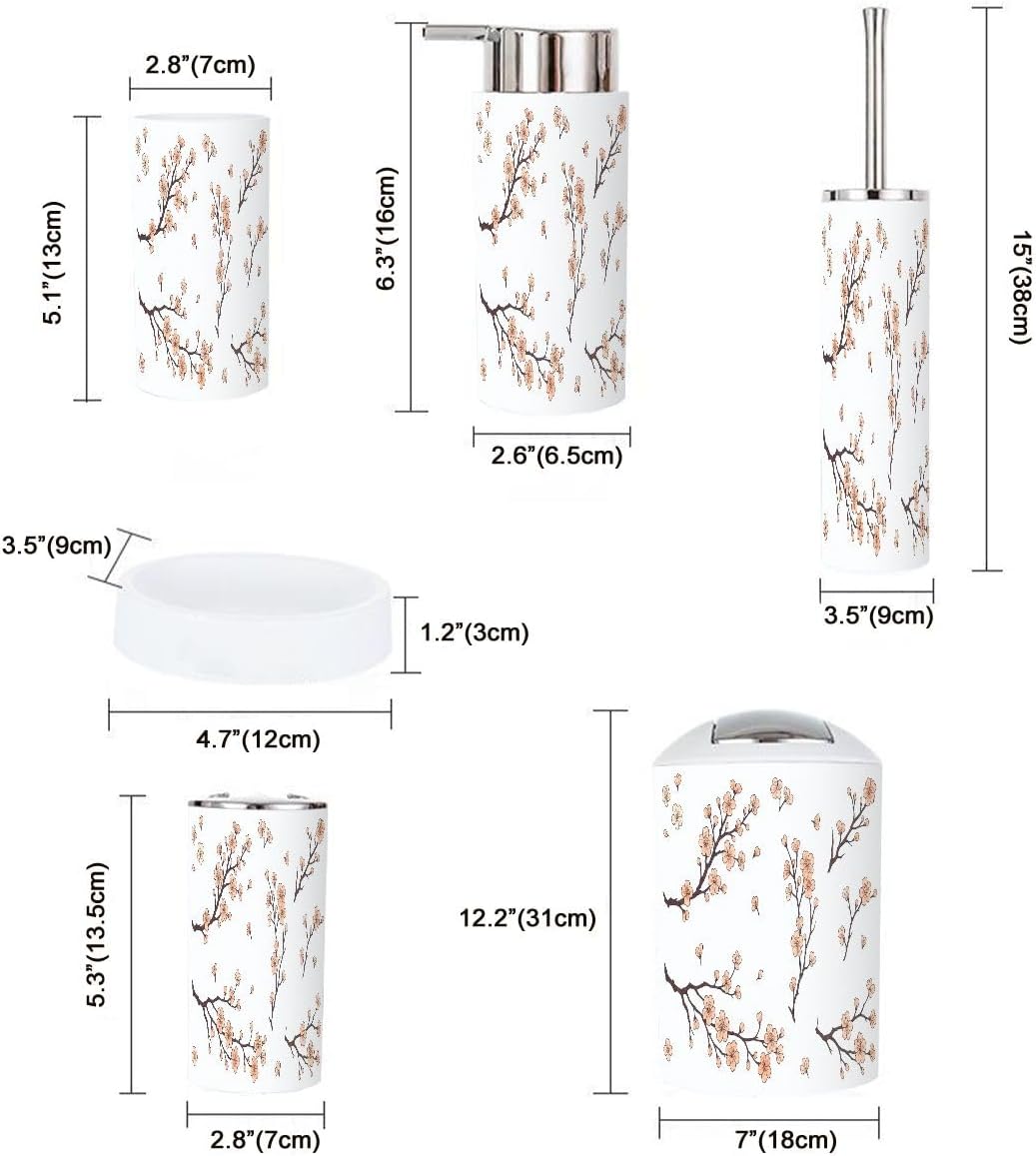 TRANQDEHOM 6-Piece Bathroom Accessory Set with Cherry Blossom Design