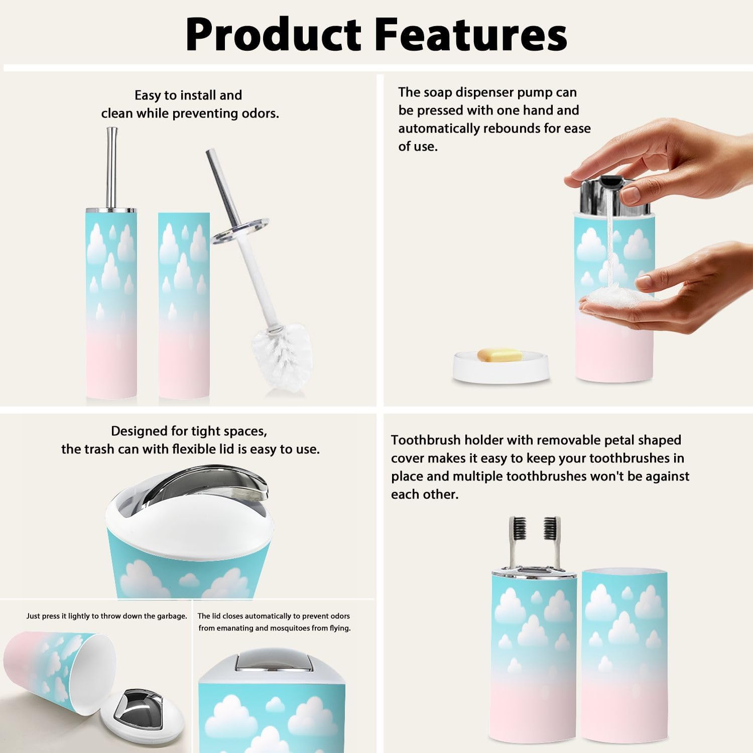 Boho Cloud Trash Can Toothbrush Holder Set