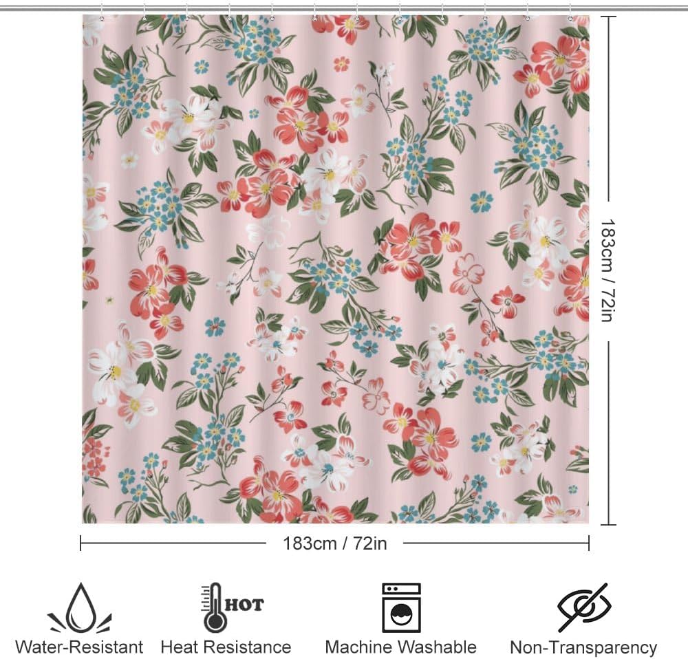Kuizee 4-Piece Flower Pink Shower Curtain Set with Rugs and 12 Hooks