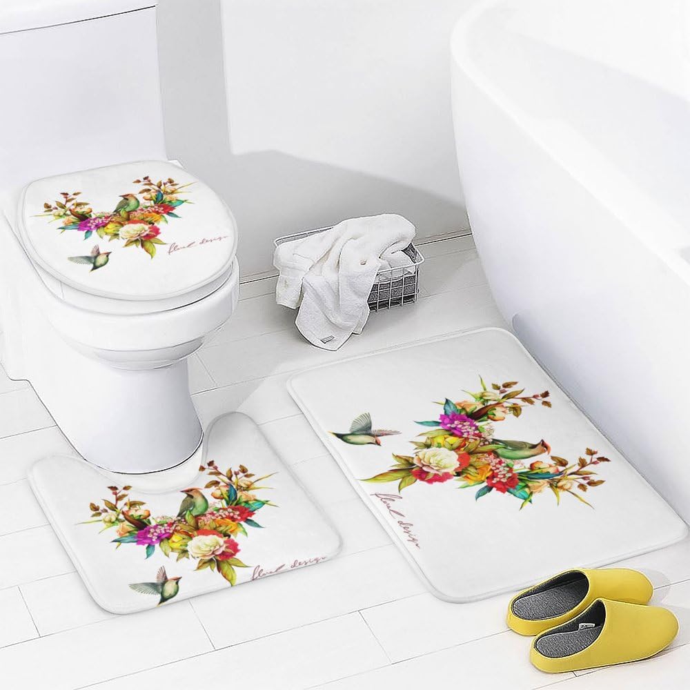 Kuizee 4-Piece Floral Shower Set with Rugs 72x72 Inch