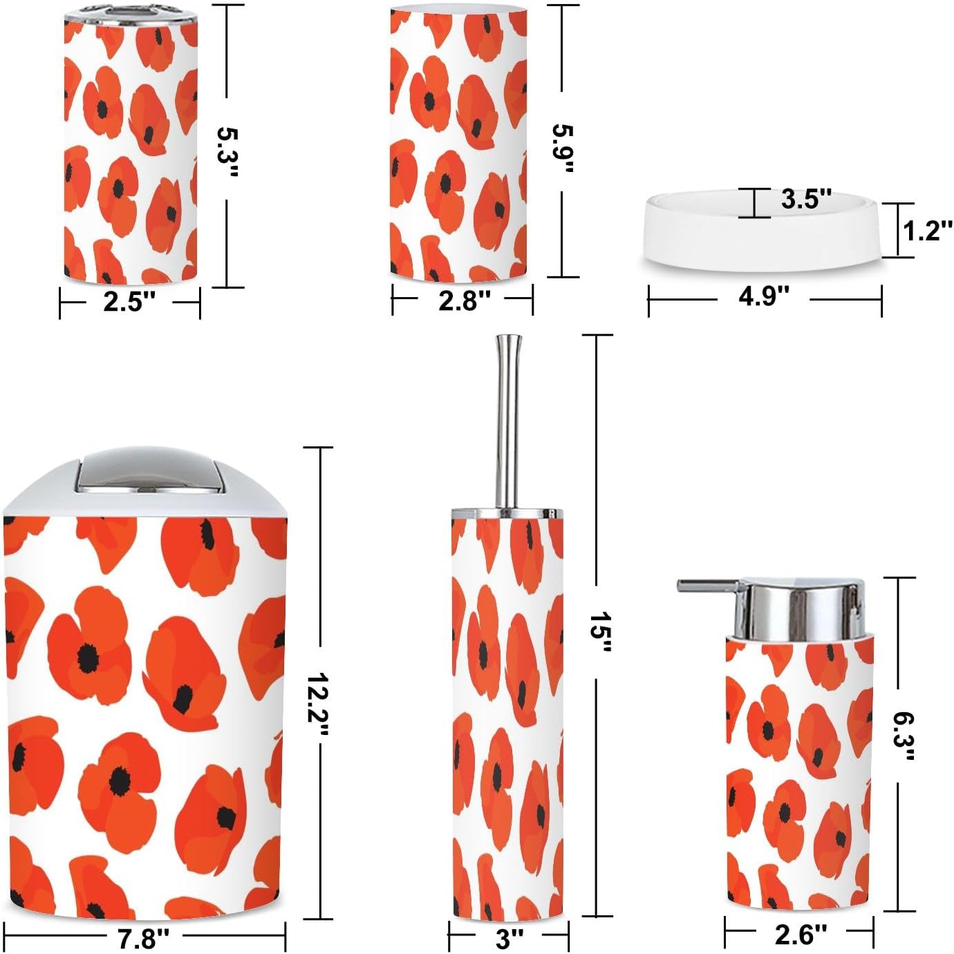 6 Piece Boho Bathroom Accessories Set with Flower Print
