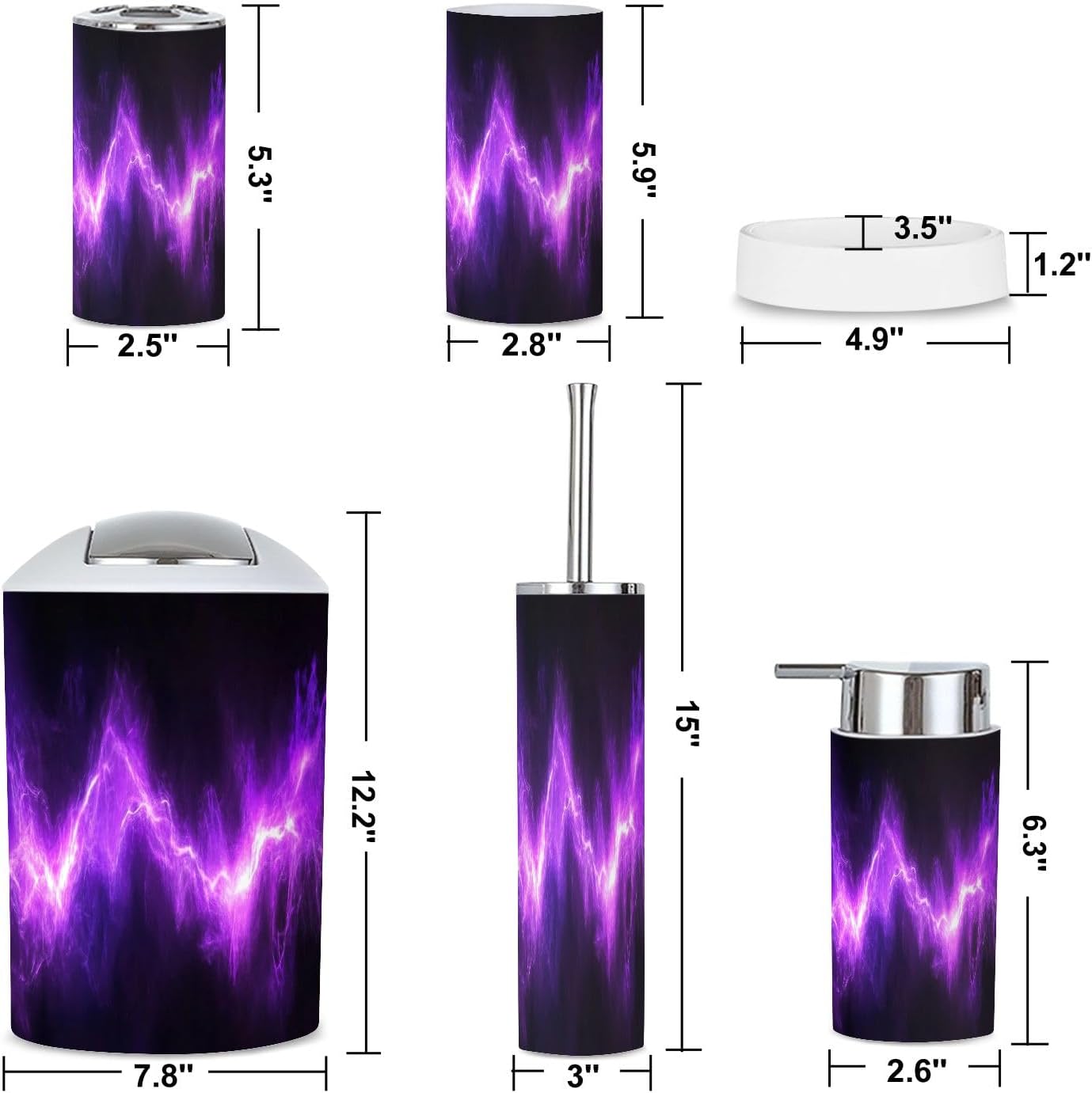 6 Piece Bathroom Accessories Set with Neon Purple Design