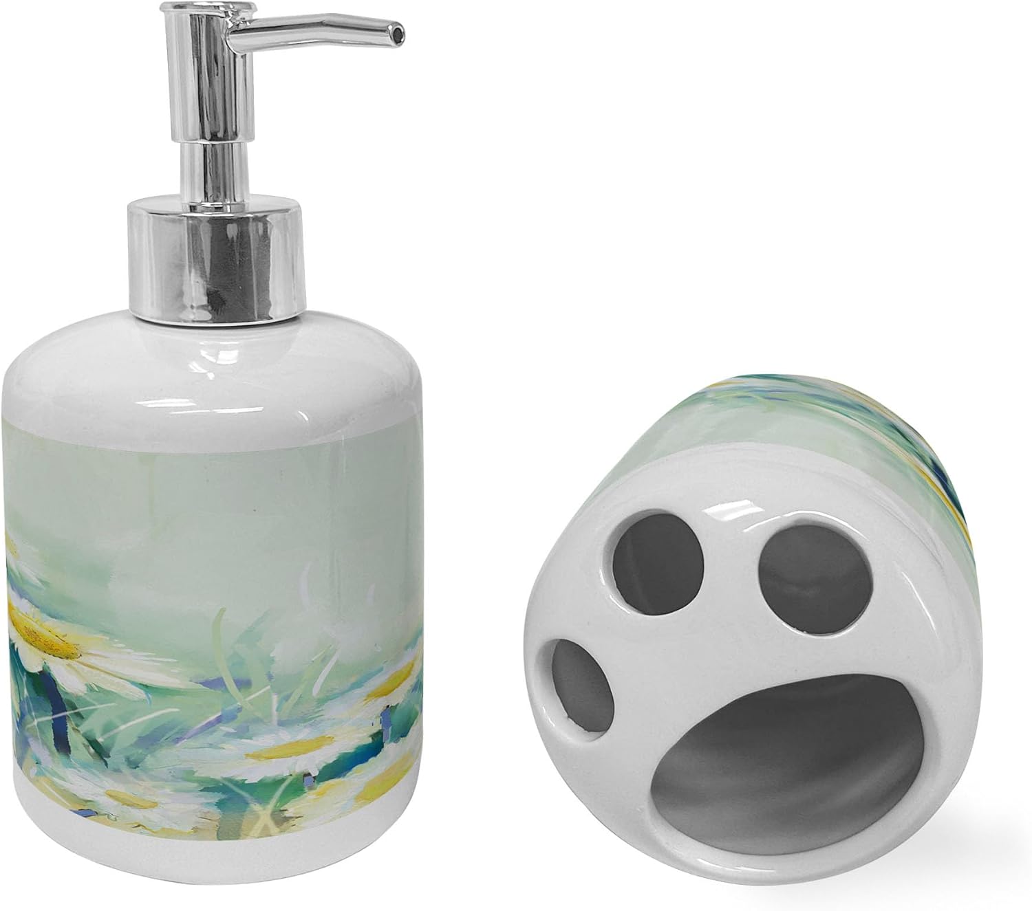 Ambesonne Flower Soap Toothbrush Holder Set Ceramic Pale Blue White
