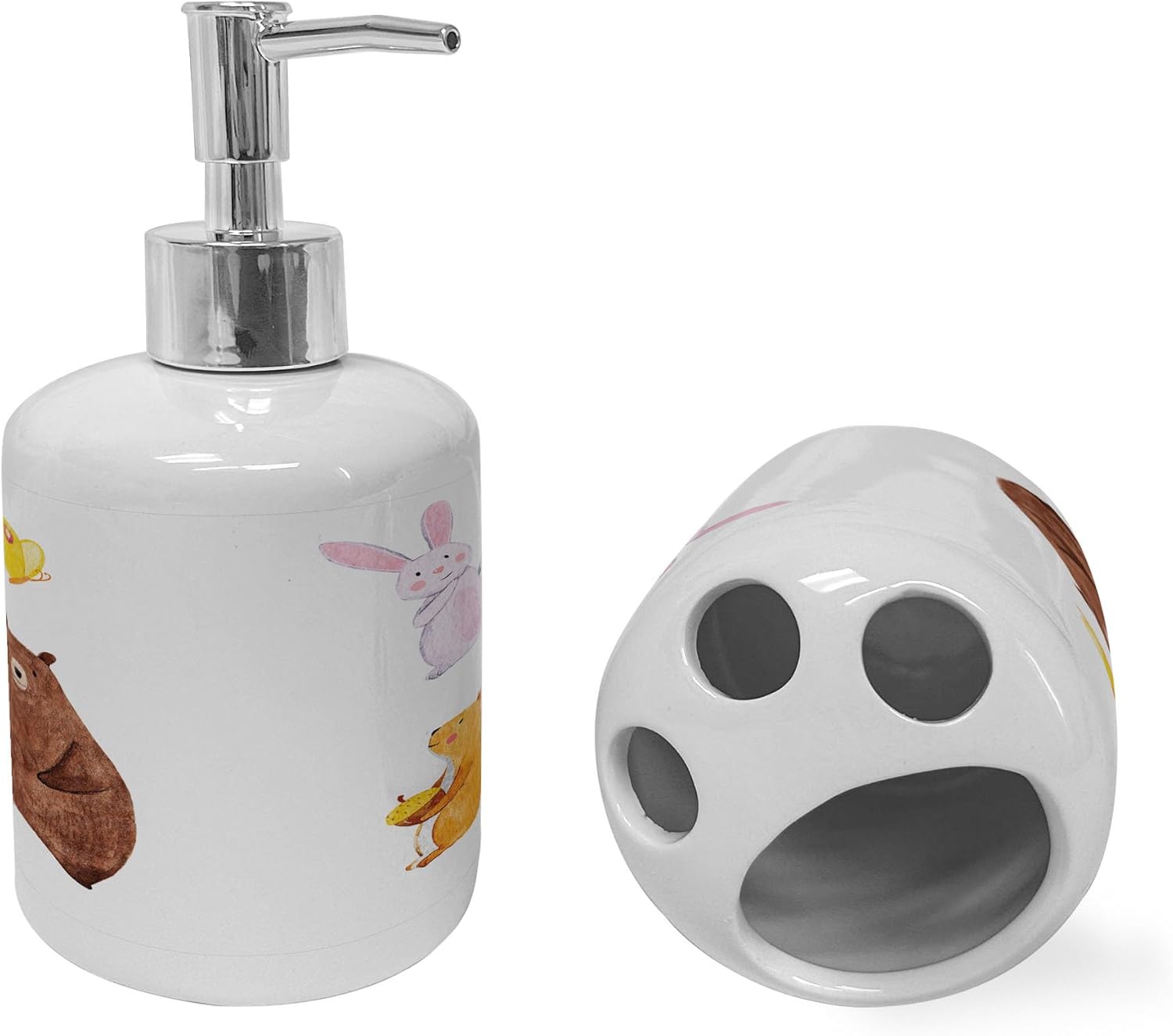 Ambesonne Animals Soap Dispenser Toothbrush Holder Set Ceramic 2 Pcs