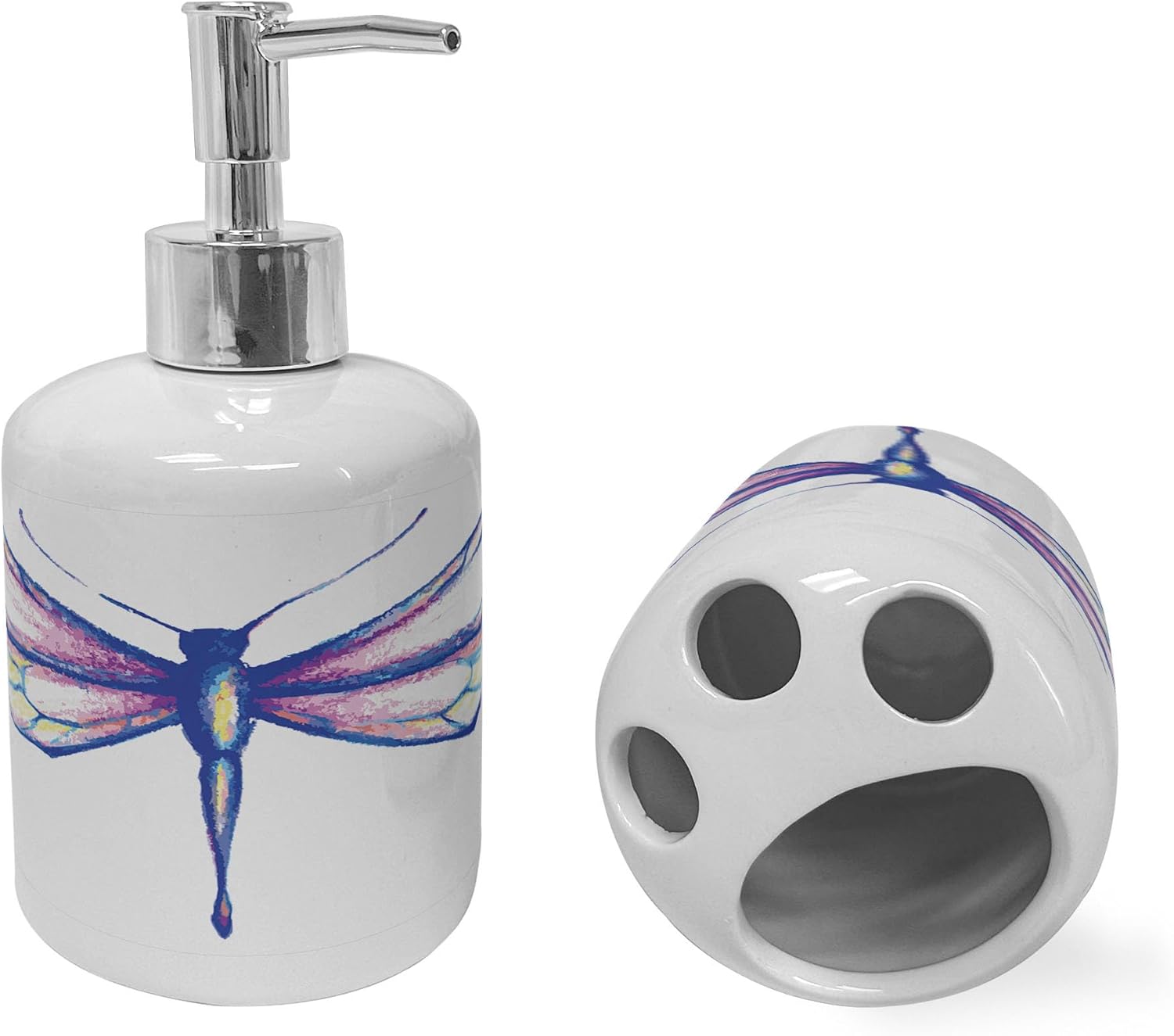 Ambesonne Dragonfly Ceramic Soap Dispenser Toothbrush Holder Set 2 Pcs