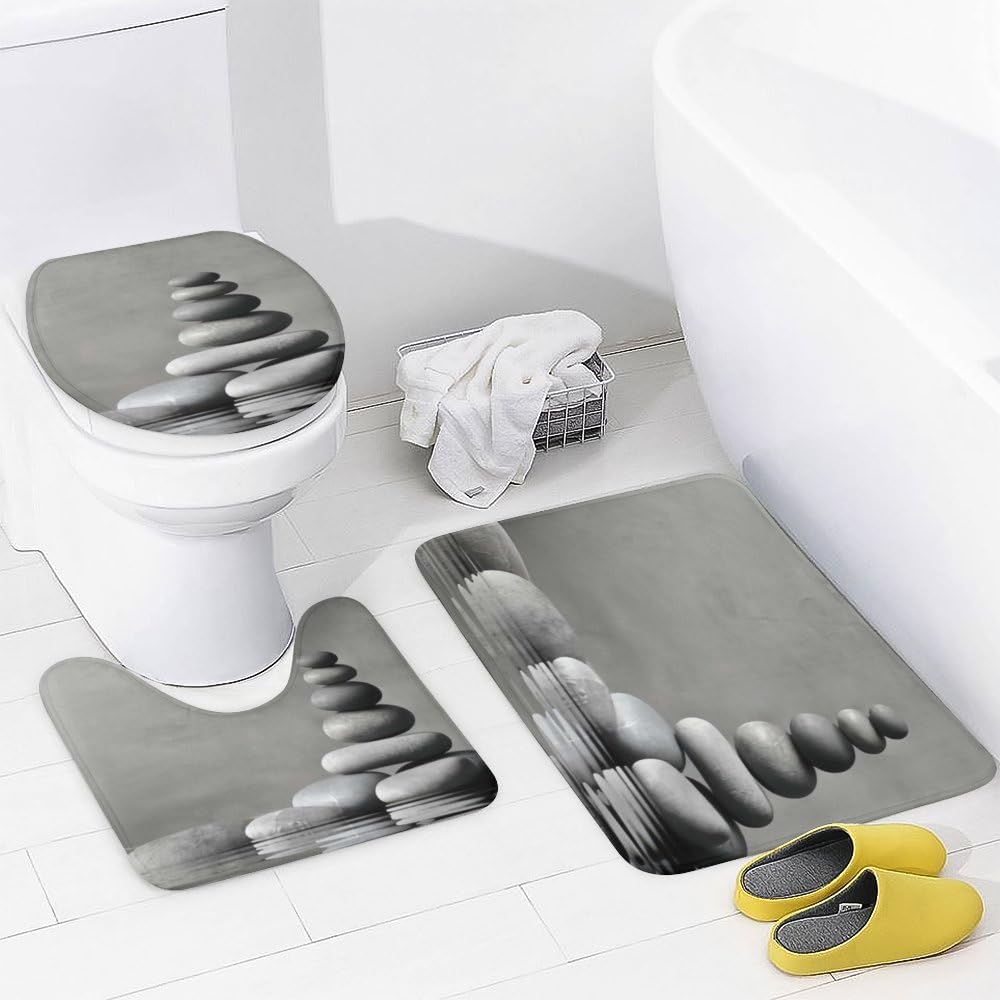 Kuizee 4-Piece Grey Shower Curtain Set with Non-Slip Rugs