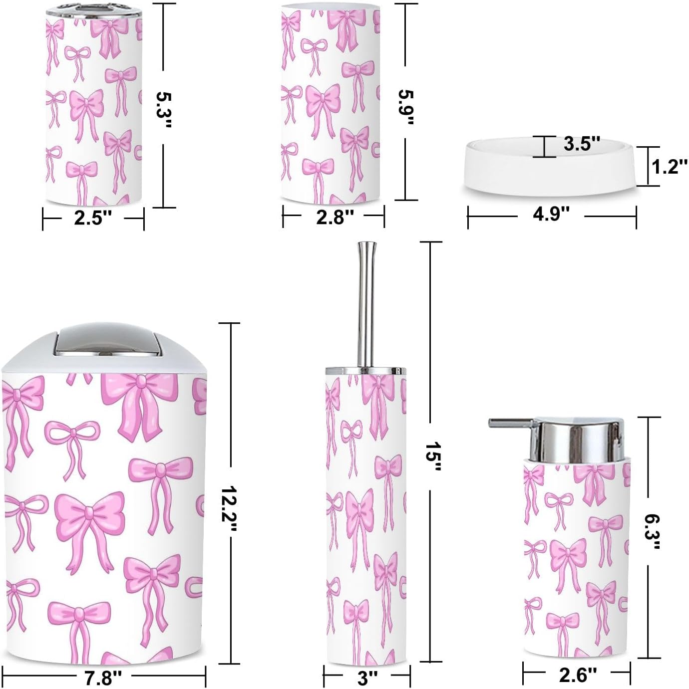 6-Piece Bathroom Accessories Set with Pink Bow Ribbon