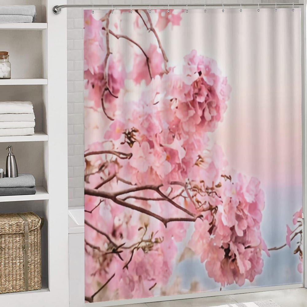 Kuizee 4 Piece Shower Curtain Set with Rugs Pink Floral Design