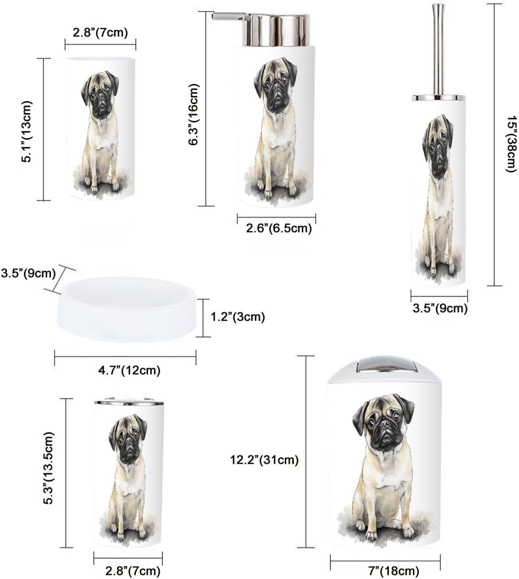 Boho Bathroom Accessory Set 6 Piece with Pug Design