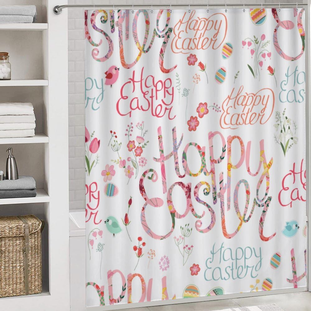 Kuizee 4-Piece Easter Shower Curtain Set with Non-Slip Rugs